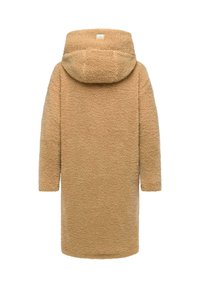 Manteau à capuche oversize confortable en tissu texturé de couleur brun clair et moelleux. Comprend des manches longues et un ourlet droit. Branding minimal au niveau du cou.