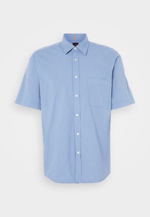 Light blue short-sleeve button-up shirt made of lightweight fabric, featuring a chest pocket and classic collar with white buttons.