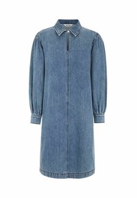 Denim suknelė su apykakle, priekyje yra skylutė ir pūstų rankovių. Šviesiai mėlyna spalva, tiesi siluetas ir elastingi rankogaliai.