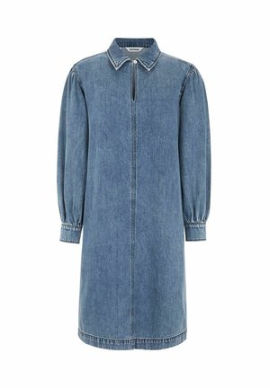 Denim jurk met een kraag, een keyhole-opening aan de voorkant en pofmouwen. Lichtblauwe kleur met een rechte snit en elastische manchetten.