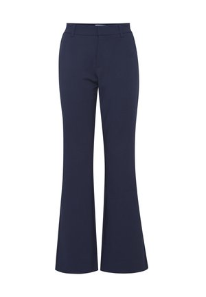 Pantalon pour femme bleu marine à taille haute, avec passants de ceinture et jambes évasées, présenté sur un fond blanc.
