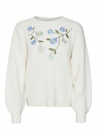 Pull blanc avec col rond, manches surdimensionnées et broderie florale en bleu, vert et jaune sur le devant. Tissu doux et texturé.