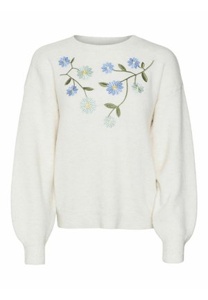Vit tröja med rund hals, oversized ärmar och blommig broderi i blått, grönt och gult på framsidan. Mjuk, texturerad tyg.