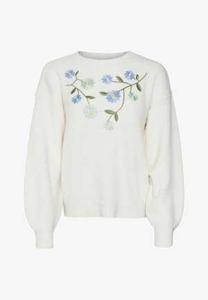 Valge sviiter ümmarguse kaelusega, üle mõõtmete varrukatega ja roheliste, siniste ning kollaste lilleline tikandiga esiosas. Pehme, tekstuuriga kangas.