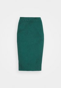 Zelená žebrovaná pletená tužková sukně s přiléhavým střihem, která má elastický pas a hladkou texturu. Žádné viditelné vzory ani akcenty.