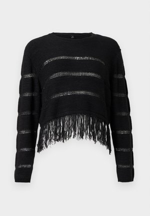 Svart kort genser med horisontale striper av åpen vev og frynsete kant. Myk tekstur med lange ermer og rund halsutringning.