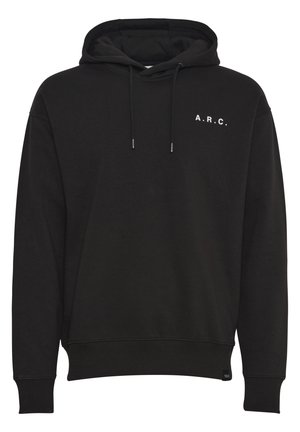 Black hoodie made of cotton blend with a kangaroo pocket. Features ribbed cuffs and hem, and a white "A.R.C." logo on the chest.