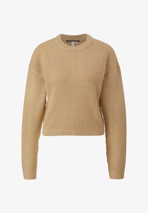 Beige gebreide trui met een ronde halslijn, lange mouwen en een ontspannen pasvorm. Heeft een textuurpatroon en een geribde zoom.