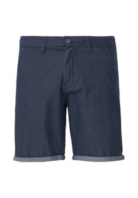 Dunkelblaue Denim-Shorts mit Knopfverschluss, zwei vorderen Taschen und umgeschlagenen Säumen. Der Stoff hat eine glatte Textur und ein klassisches Design.