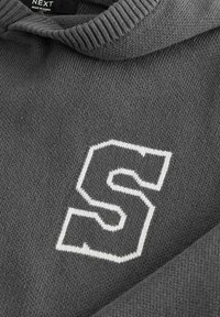 Sweatshirt gris en tricot avec un col côtelé et une grande lettre "S" blanche sur le devant, affichant une texture lisse et douce.