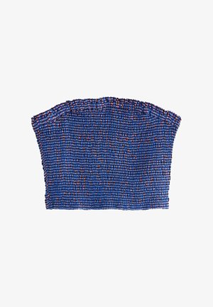 Blauw en rood geruit gerimpeld tubetopje met gerimpelde elastische randen, ontworpen voor een nauwsluitende, strapless stijl.