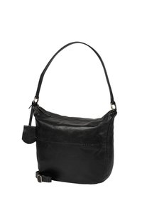 Schwarze Leder-Schultertasche mit geschwungener Form, Reißverschluss und verstellbarem Tragegurt. Enthält ein kleines, abnehmbares Täschchen.