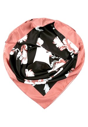 Foulard carré en soie avec un centre noir et un motif floral blanc, bordé d'une large bordure rose poudré, plié librement en forme circulaire.