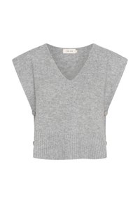 Gray knitted sweater with a V-neck, short wide sleeves, and ribbed hem. Features decorative buttons on the side for added detail.