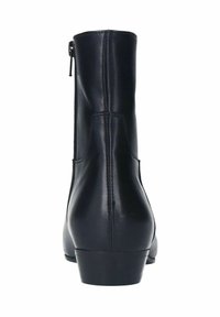 Schwarze Lederstiefelette mit glatter Textur, Reißverschluss hinten, niedrigem Absatz und dezenten Ziernähten entlang der Nähte.