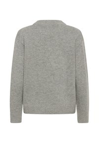 Maglione grigio lavorato a maglia, texture morbida, vestibilità rilassata, polsini e orlo a coste, scollatura rotonda, vista posteriore. Nessun motivo o hardware visibile.