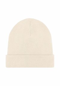 Cappello a maglia color crema, con risvolto arrotolato, texture liscia e cima arrotondata con una cucitura che corre al centro.