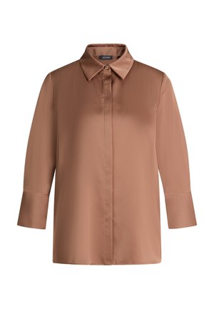 Brown satin long-sleeve shirt with concealed front buttons and wide cuffs, featuring a classic pointed collar.
