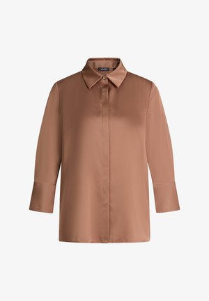 Brown satin long-sleeve shirt with concealed front buttons and wide cuffs, featuring a classic pointed collar.