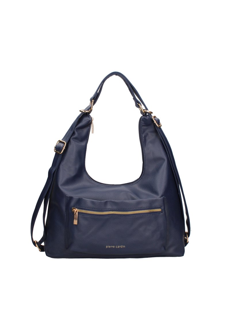 Borsa a tracolla in pelle blu navy con forma hobo, dotata di tasca frontale con zip e dettagli in metallo dorato. Inclusa una tracolla regolabile.