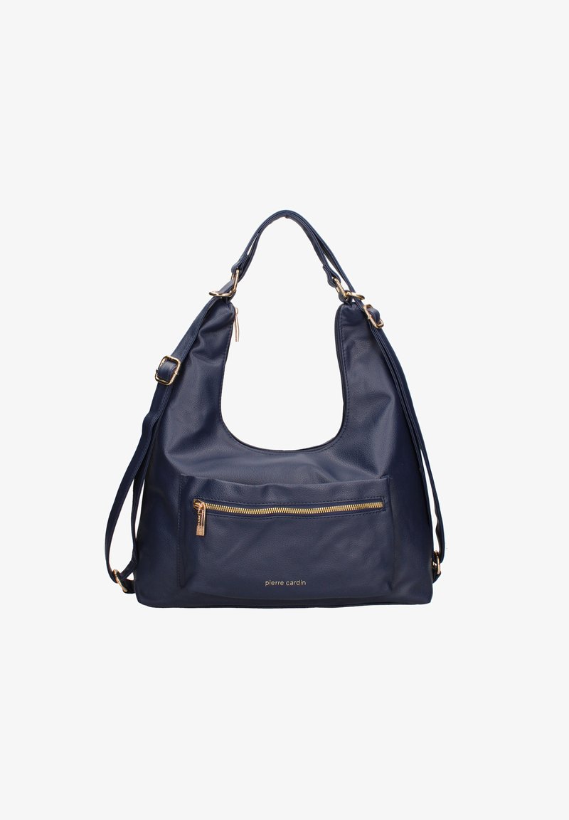 Borsa a tracolla in pelle blu navy con forma hobo, dotata di tasca frontale con zip e dettagli in metallo dorato. Inclusa una tracolla regolabile.