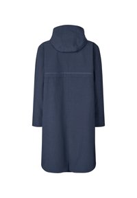 Impermeabile blu navy con cappuccio, maniche lunghe e taglio dritto. Presenta una texture sottile e una cucitura lungo la schiena.