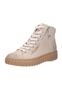 Beige högkvalitativa sneakers i mocka, med rund tå, snörning framtill och sidodragkedja. Sulan är mönstrad och gummibeklädd.