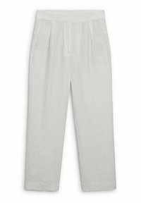 Lichtgrijze linnen broek met een wijde pijpdesign, vlakke voorkant, riemlussen en zijzakken. Geen structuur en nette afwerking.