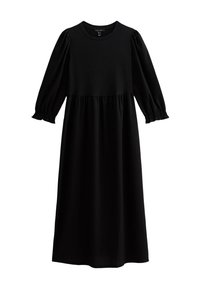 Black dress made of ribbed fabric, featuring a round neckline, three-quarter puff sleeves, and a gathered waistline, reaching mid-calf length.
