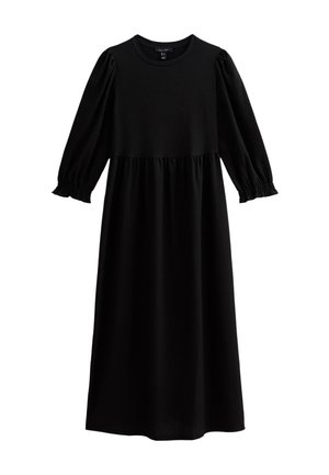Abito nero realizzato in tessuto a coste, con scollo rotondo, maniche a palloncino a tre quarti e vita arricciata, che arriva fino a metà polpaccio.