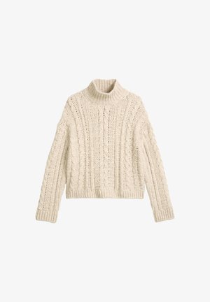Cream-colored knitted sweater with a turtleneck, featuring textured cable patterns and ribbed cuffs and hem. Cropped design.