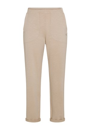 Pantaloni ușori bej, cu o textură moale, dotati cu două buzunare frontale, o margine răsucită și un detaliu mic cu logo pe lateral.