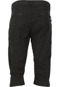 Mustat ulkoiluhousut, joissa on keskileuan pituinen leikkaus, sileä pinta, vetoketjullinen takatasku ja säädettävät hihnat vyötäröllä.