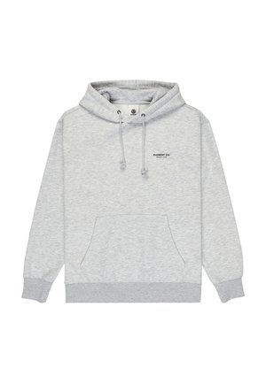 Szara bluza z kapturem, wykonana z miękkiego materiału, z kieszenią typu kangur, regulowanym sznurkiem przy kapturze oraz nadrukiem logo na klatce piersiowej. Prosty design.