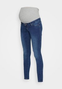 Jeans de maternidad en denim oscuro con un corte ajustado. Cuentan con una cinturilla elástica gris para mayor comodidad y un panel elástico para soporte.