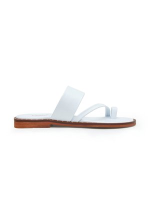 Sandalias planas de color azul claro con un upper de cuero suave, que presentan una correa ancha y un delgado bucle para el dedo del pie, combinadas con una suela de textura de madera.