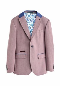Braunrot-blazer mit blauen Kragenakzenten, zwei vorderen Taschen und einem blumigen Innenfutter. Verfügt über einen einzigen Knopfverschluss.