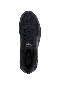 Black athletic shoe with a knitted upper, textured design, lace closure, padded collar, and contrasting white logo. Memory foam insole detail visible.