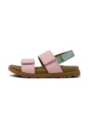 Sandalias de cuero rosas y verdes con correas ajustables, plantilla acolchada y suela de goma. El diseño de punta abierta resalta el esquema de colores en capas.