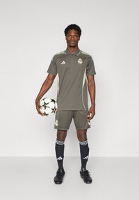 Grå Adidas fodboldoutfit med grønne accenter, der omfatter en polo-stil skjorte, shorts og knæhøje sokker. Holder en sort/hvid fodbold.