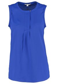 Sininen, hihaton pusero, valmistettu sileästä kankaasta, jossa on pyöreä pääntie, keskeltä laskostettu sekä pieni nappidetalji kauluksessa.