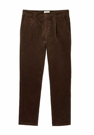 Braune Cordhosen mit geradem Schnitt, featuring Frontfalten, einem Knopfverschluss und Seitentaschen, hergestellt aus strukturiertem Stoff.