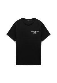 Camiseta de algodón negra con cuello redondo y mangas cortas. La impresión frontal incluye el texto "SIN LÍMITES SIN REGLAS" y "SUPERAR TUS LÍMITES" en blanco.