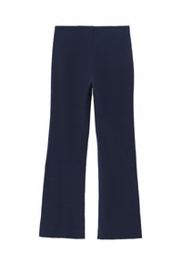 Marineblaue, ausgestellte Hose mit glattem, strukturiertem Stoff und elastischem Bund. Weist ein einfaches, klares Design ohne Verzierungen auf.