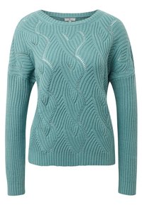 Pull turquoise en tricot présentant une texture côtelée et un motif ondulé, avec des manches longues et un col rond.
