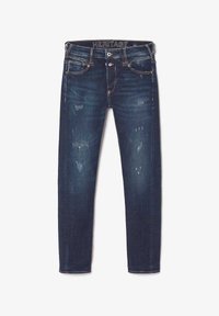 Jeans de mezclilla azul oscuro con un corte recto, que presentan detalles desgastados, una cinturilla con botones y un diseño de cinco bolsillos. La etiqueta dice "HERITAGE."