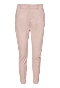 Světlé růžové kalhoty vyrobené z hladkého materiálu, s přiléhavým střihem, předními kapsami a zúženými nohavicemi pro elegantní siluetu.