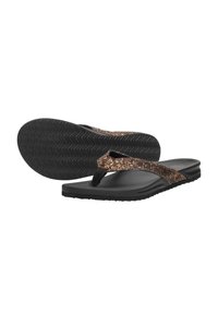 Black flip-flops with a textured outsole, featuring a glittery bronze strap and a smooth black footbed. Simple thong design for easy wear.