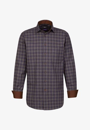 Camicia a quadri in marrone, blu e beige. Maniche lunghe con polsini marroni, colletto e una singola tasca sul petto. Chiusura frontale con bottoni. Materiale in cotone.