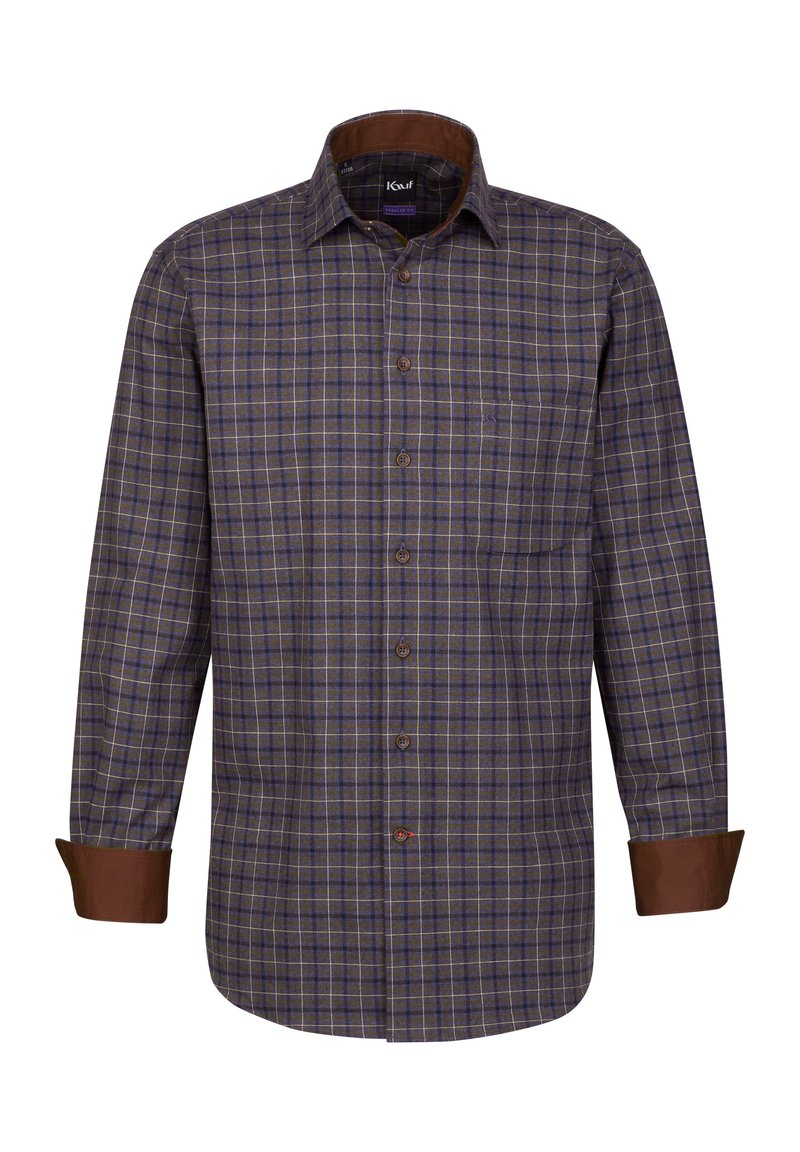 Camicia a quadri in marrone, blu e beige. Maniche lunghe con polsini marroni, colletto e una singola tasca sul petto. Chiusura frontale con bottoni. Materiale in cotone.